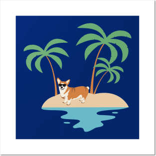 Welsh Corgi Pembroke Dog Wearing Sunglasses on Beach with Palm during Summer Posters and Art